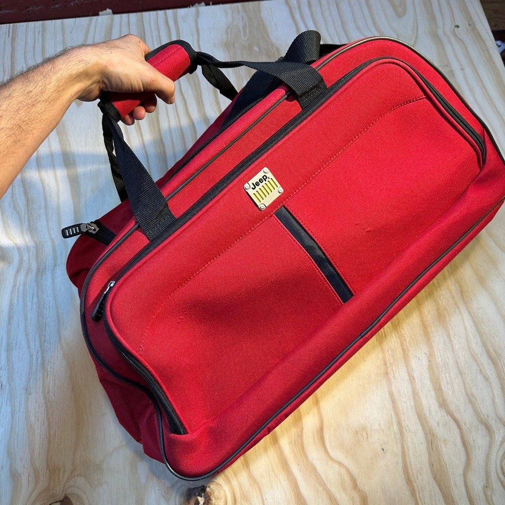 Jeep Red Canvas Duffle Bag Travel Weekender Gym Bag Logo Plate Medium